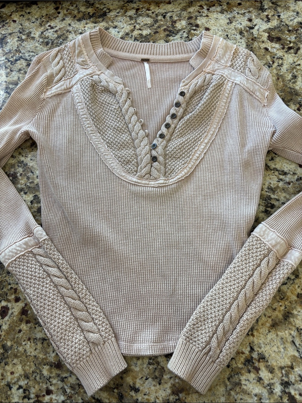 Free People Beige Waffle-Knit Long Sleeve Thermal Top